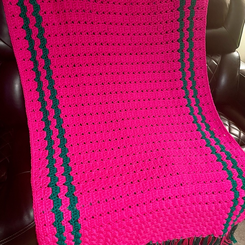 Vibrant Pink and Green Crochet Afghan - handmade